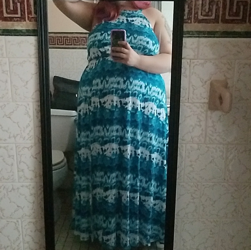 Torrid Teal & White Tie Dye High Neck Maxi Dress
